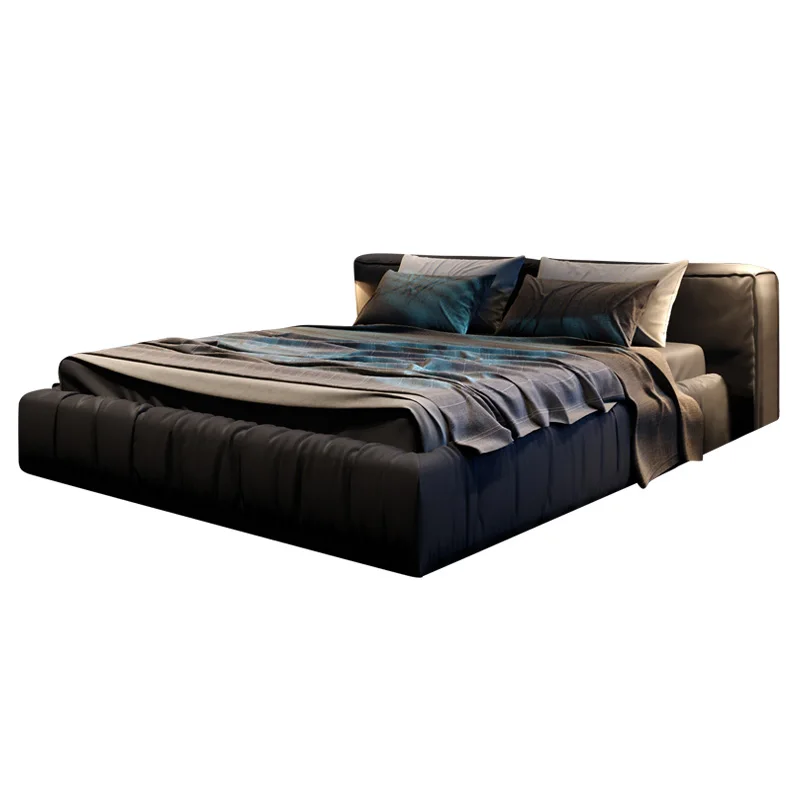 

Italian minimalist leather bed light luxury modern minimalist tofu block double bed master bedroom high-end atmospheric wedding