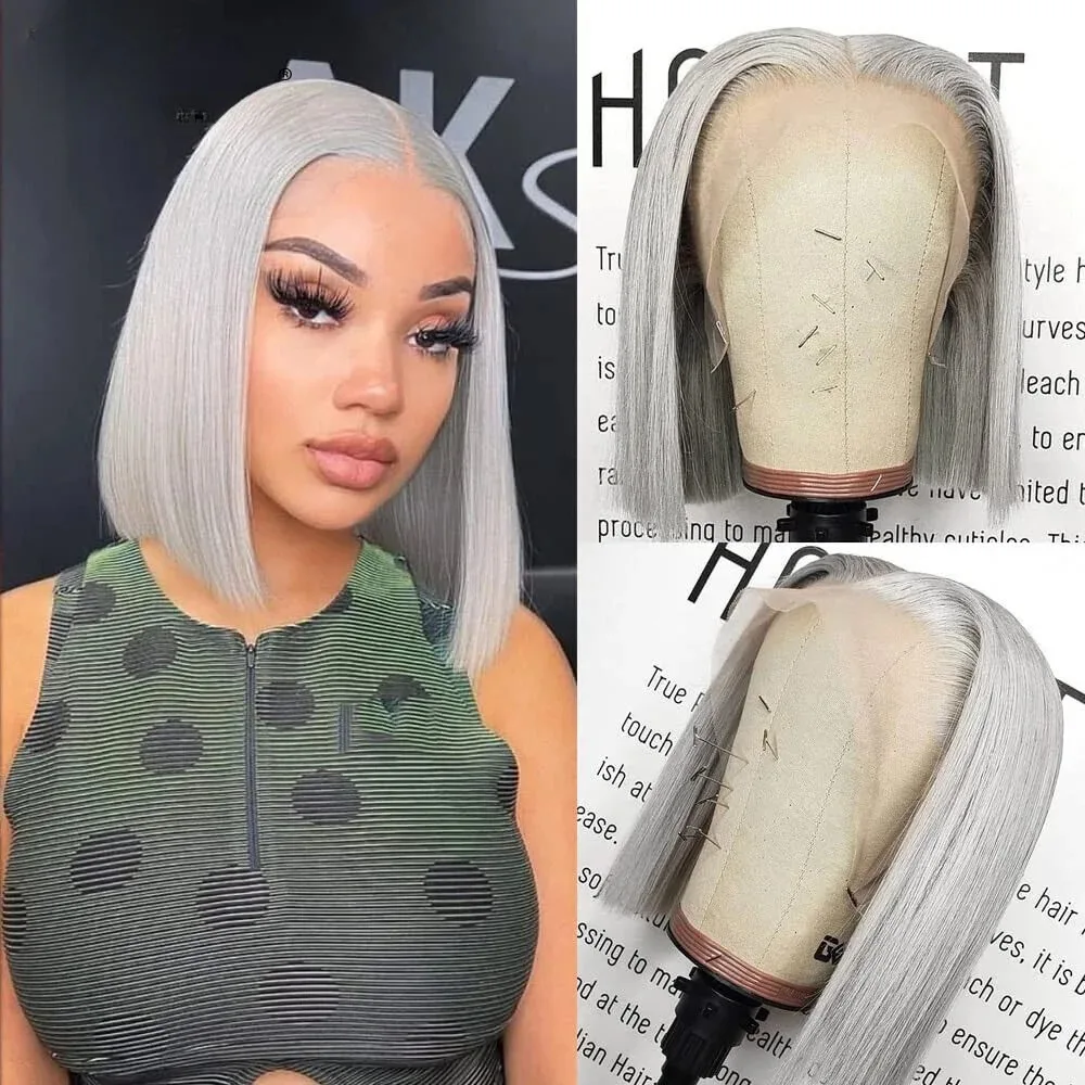 

Grey Wig Short Bob Lace Front Wigs Silver Grey 13X4 HD Lace Frontal Wig Straight 200 Density Ready To Wear Cosplay for Wemon