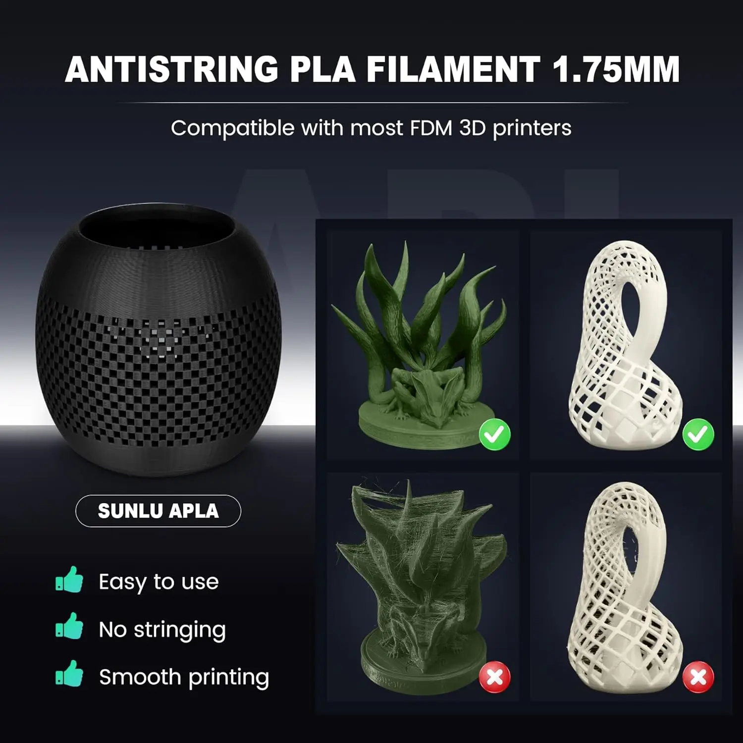 SUNLU-filamento PLA anticuerda para impresora 3D FDM, bobina enrollada, tolerancias APLA de 1,75mm, ± 0,02mm, 1kg