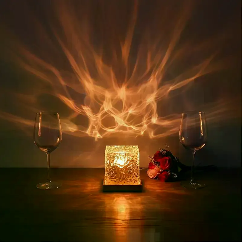 

Rotating Water Ripple Atmosphere Lamp Water Ripple Lamp Bedroom Bedside Flame Romantic Lamp Dynamic Square Desk Lamp