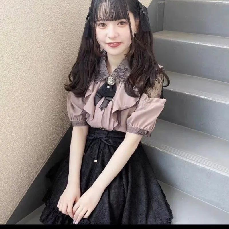 

Women Shirt Lolita Off Shoulder Lace Patchwork Pearl Diamond Tie Shirt Bow Tie Shirt