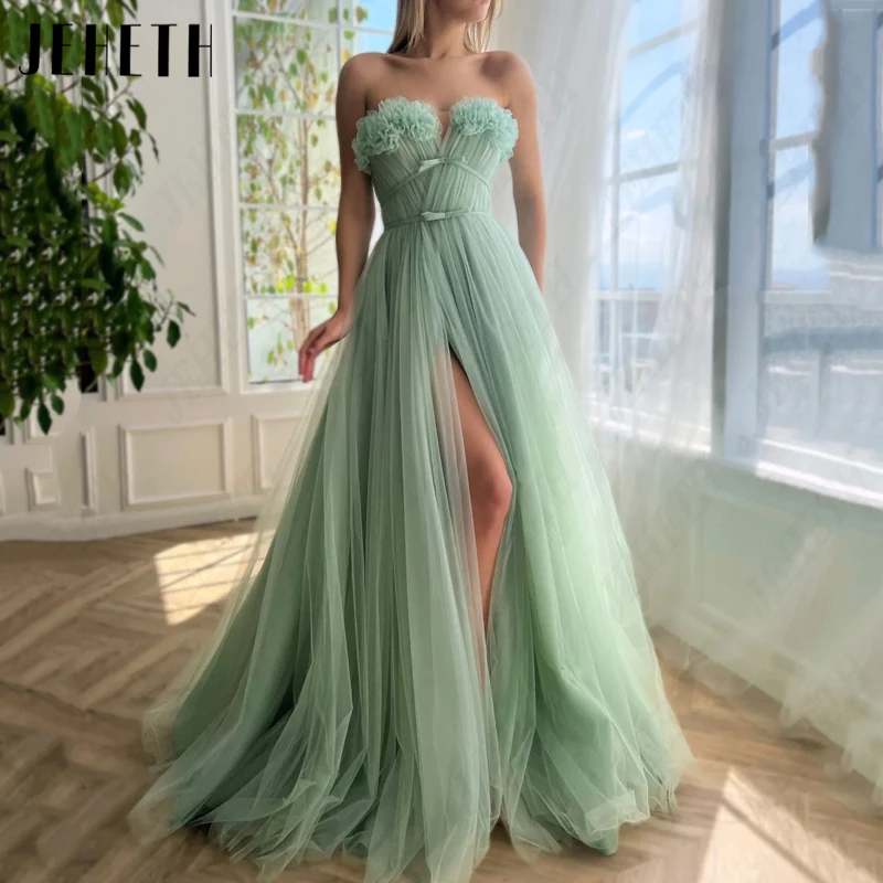 JEHETH yeşil askısız yay balo elbise tül 3D çiçek prenses akşam önlük yüksek bölünmüş parti Backless A-Line Vestidos De dresses Green Strapless Bow