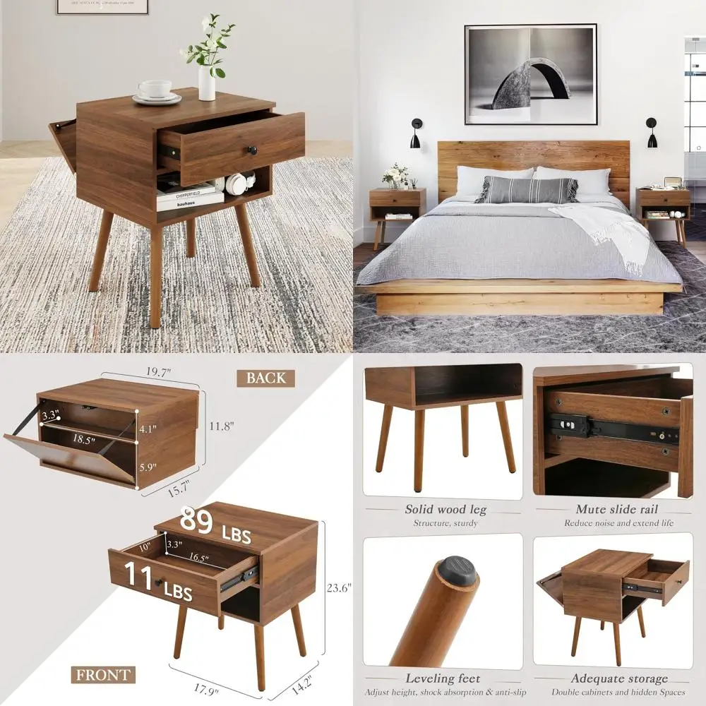 

Contemporary Hidden Compartment Nightstand, Wooden Legged Bedside Table with Storage for Bedroom (Walnut)
