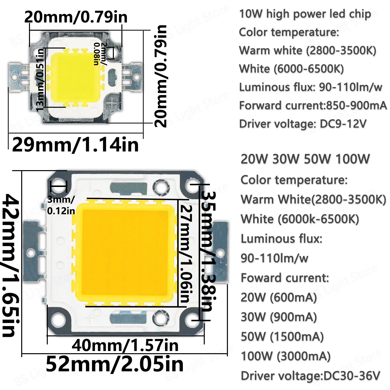 LED Integrated High Power COB 10W 20W 30W 50W DC30-36V 6500K 3500K 4525mm For Highbay Floodlights Street Lights Garden Light DIY