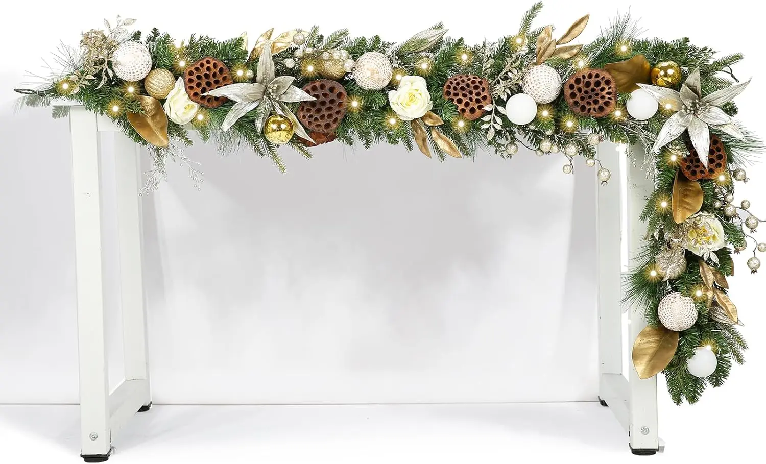 

6ft Gold & White LED Lighted Christmas Garland, Battery Operated, 50 Lights for Indoor Outdoor Holiday Decor