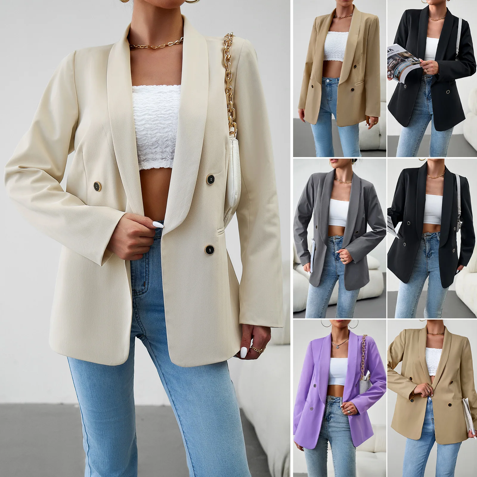 Tesco Solid Color Women Blazer Loose Shawl Lapels Office Lady Coat Double Breasted Full Sleeve Female Clothing blazer mujer