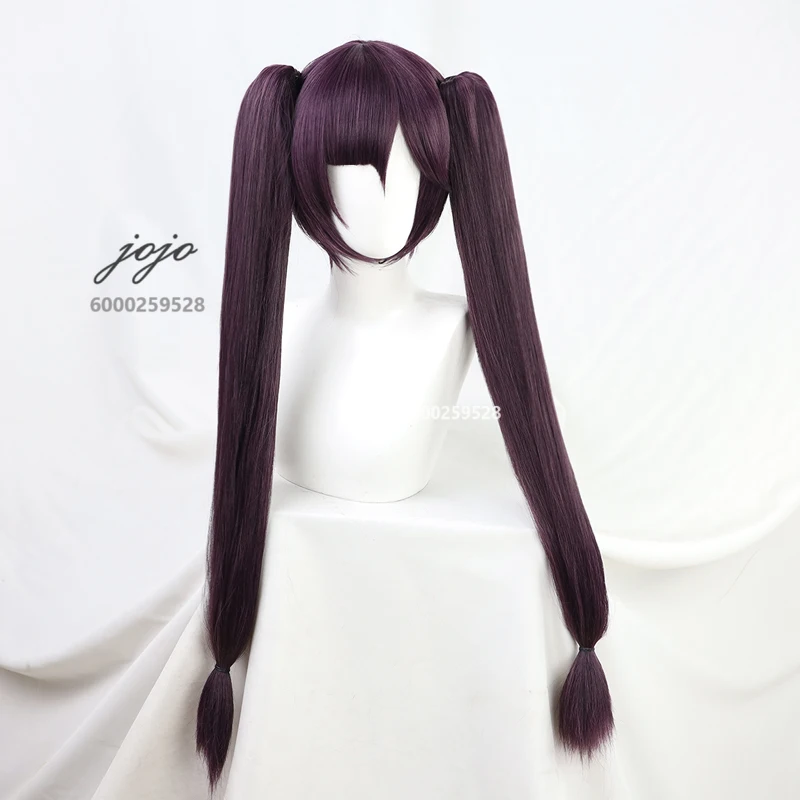 Genshin Impact Mona Cosplay perruques longue droite Double queue de cheval violet foncé résistant à la chaleur cheveux synthétiques Halloween fête perruque