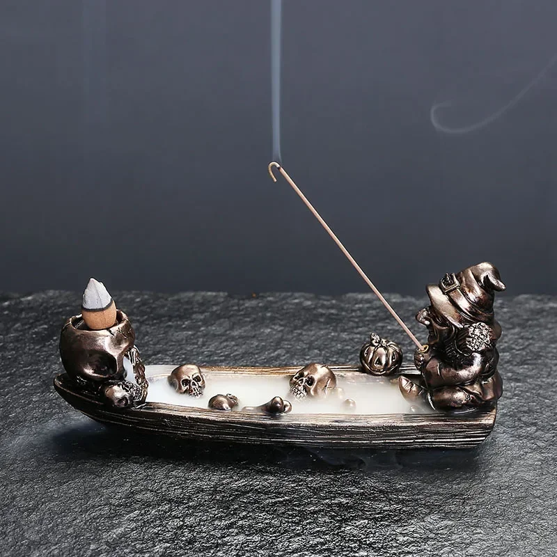 1pc Resin Wizard Skull Head Backflow Incense Burner with Smoke Fog Effect for Halloween Home Decoration (Without Incense)