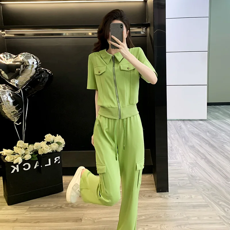 

2025 Spring and summer high-quality short sleeved pants set cotton zipper lapel urban casual women's set green apricot color 2XL