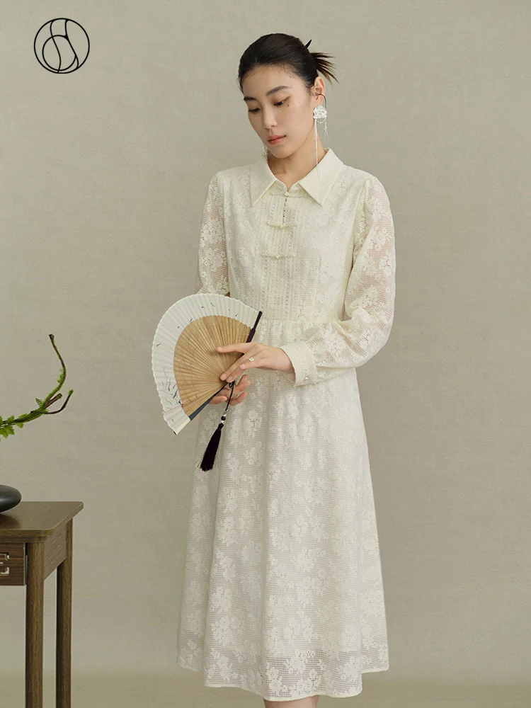 

DUSHU New Chinese Style Polo Neck Women Long Sleeve Lace Design Temperament Dress Commuter A-LINE Female White Dresses