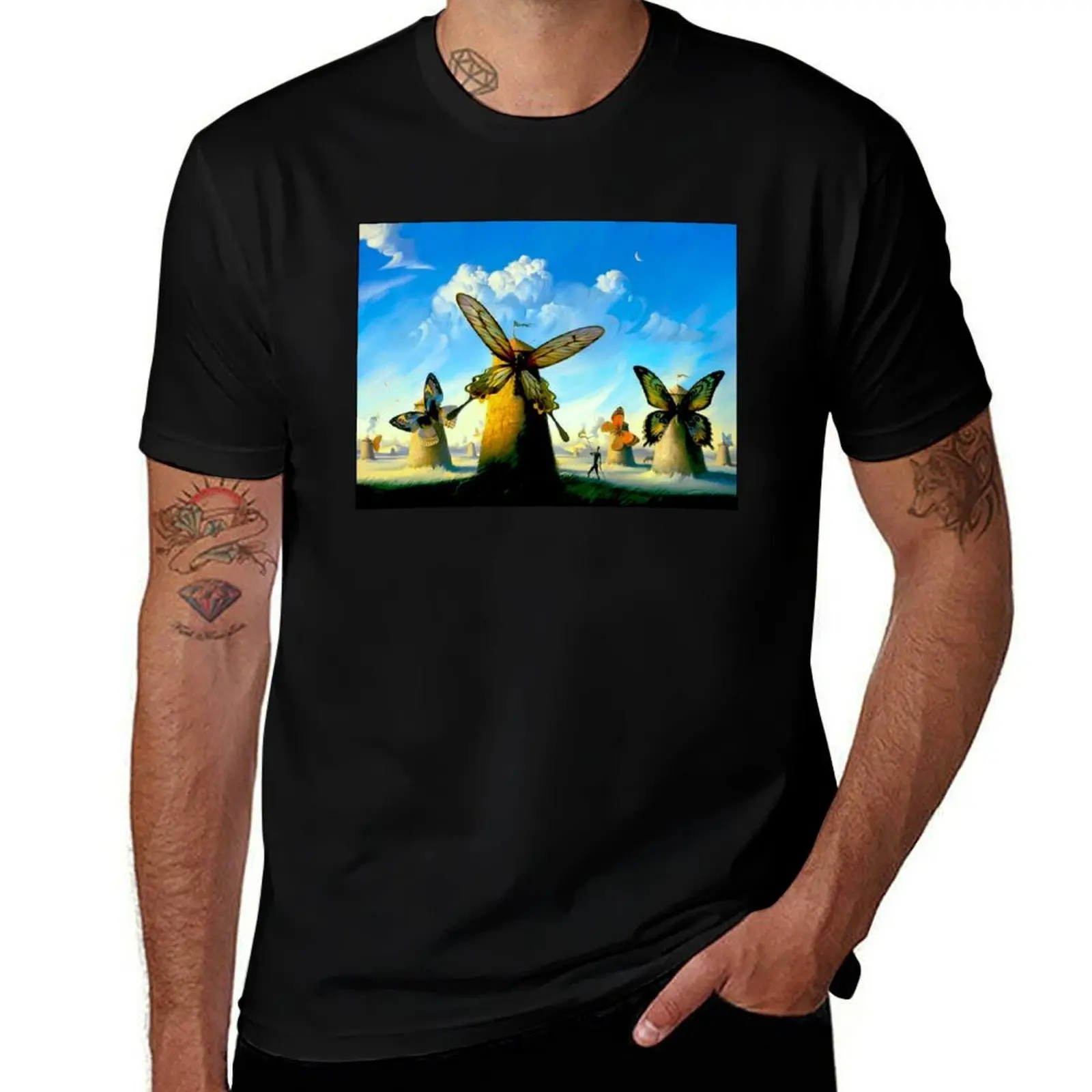 BUTTERFLY WINDMILLS : Vintage Abstract Print T-Shirt Labor Work Casual T-Shirt