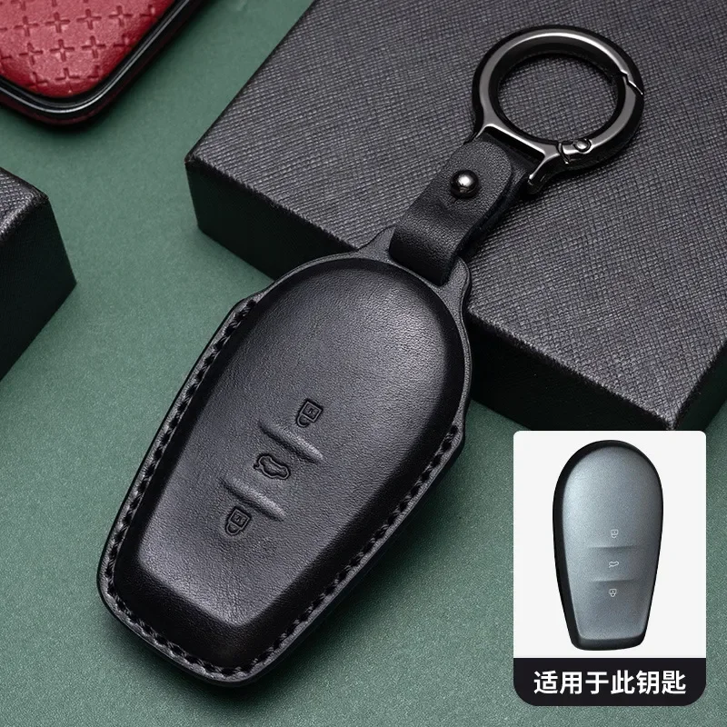 for 2025 Nissan N7 Key Case Genuine Leather First Layer Cowhide Car Key Protective Cover with Buckle Chain Accessories