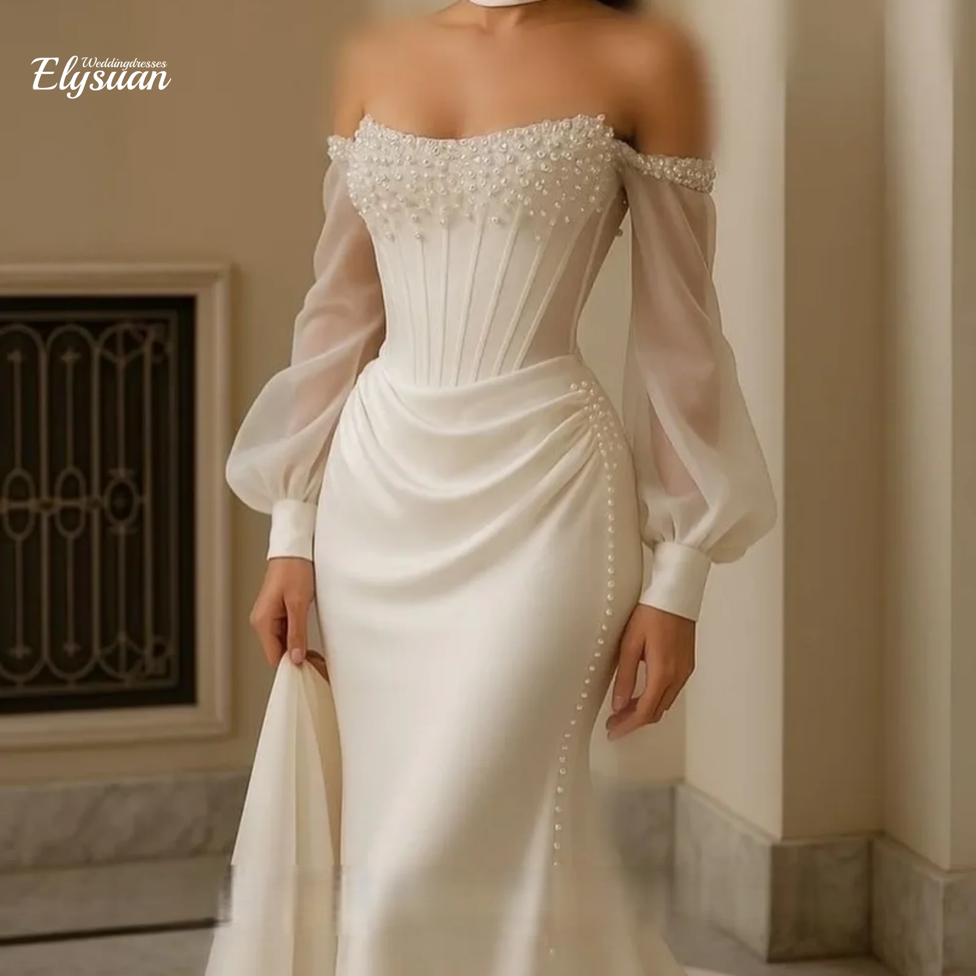Customized  Modern Mermaid Bride Wedding Dresses Off the Shoulder Three Quarter with Pearl  Floor Length Luxury Gown New 2026