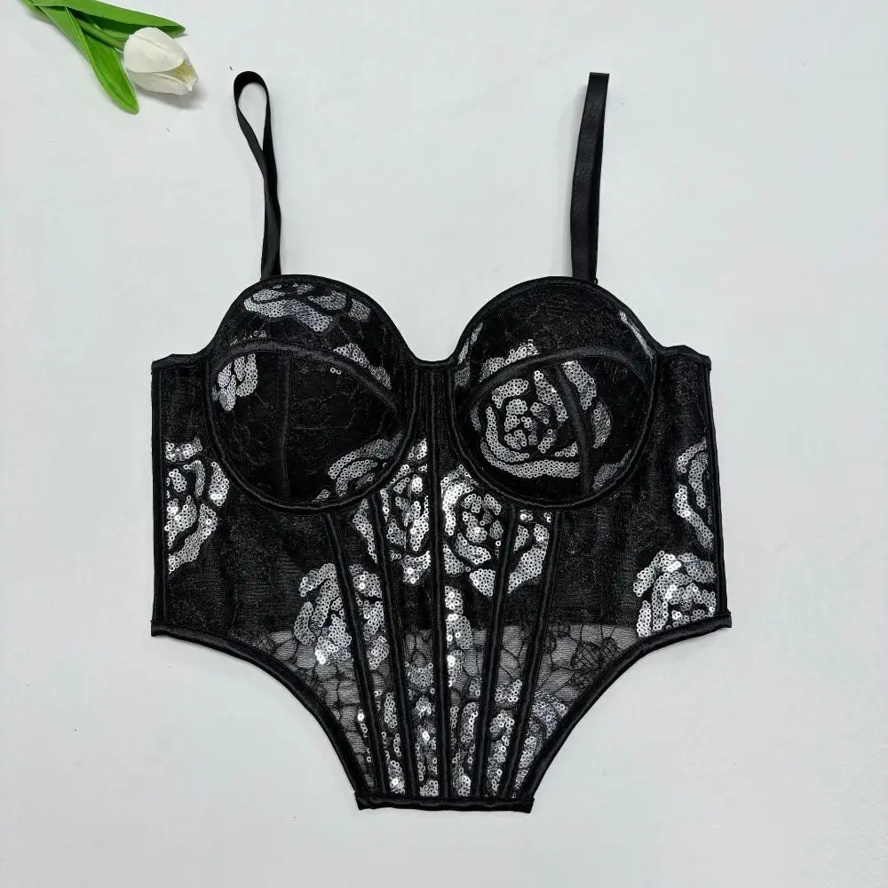

Fashion Hollow Lace Sequin Camisole Transparent Sleeveless Crop Tops Streetwear Slim fit Suspender Vest Ladies