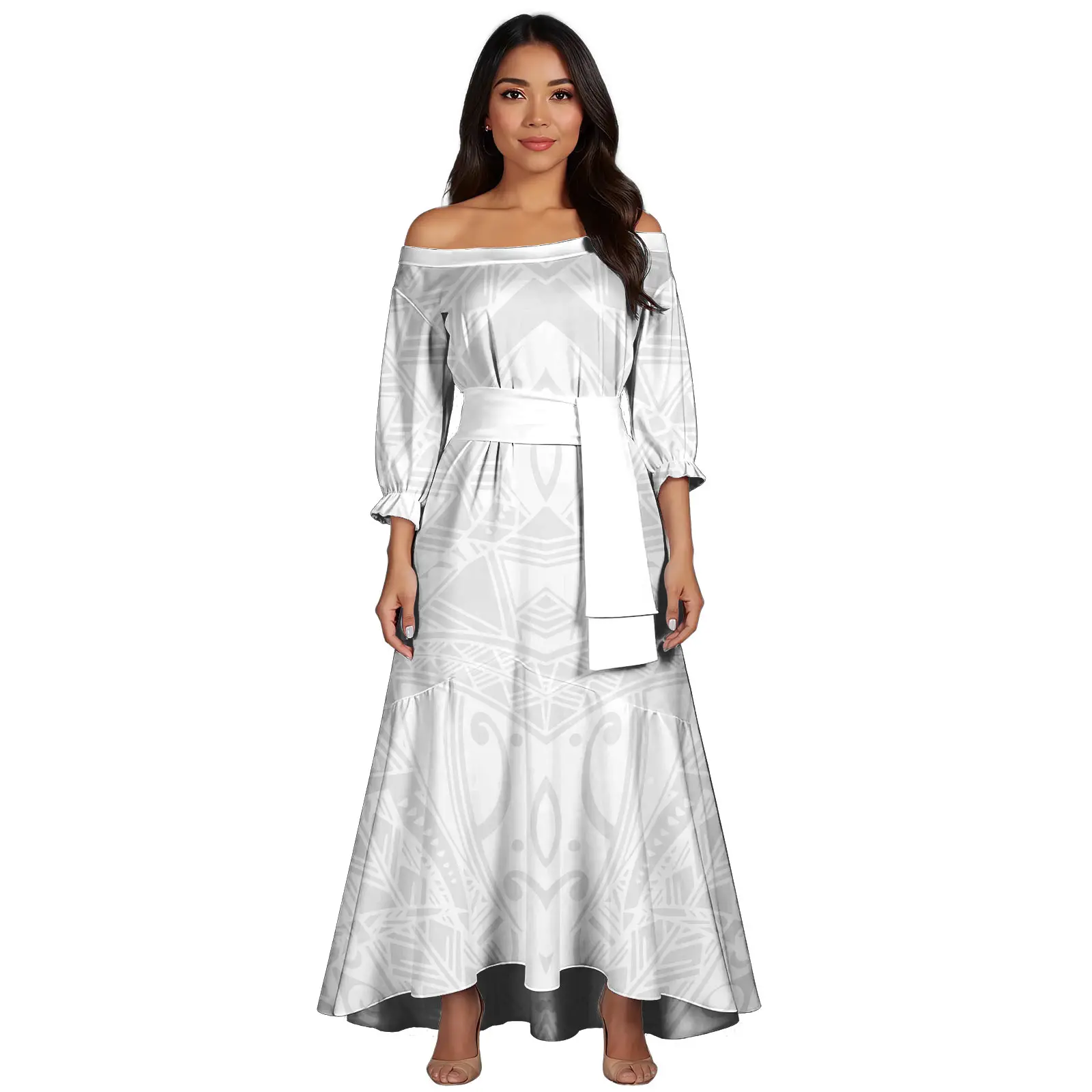 New White Polynesian Samoa Tribal Print Trumpet Mermaid Dress Custom Ladies Off Shoulder Casual Evening Dresses