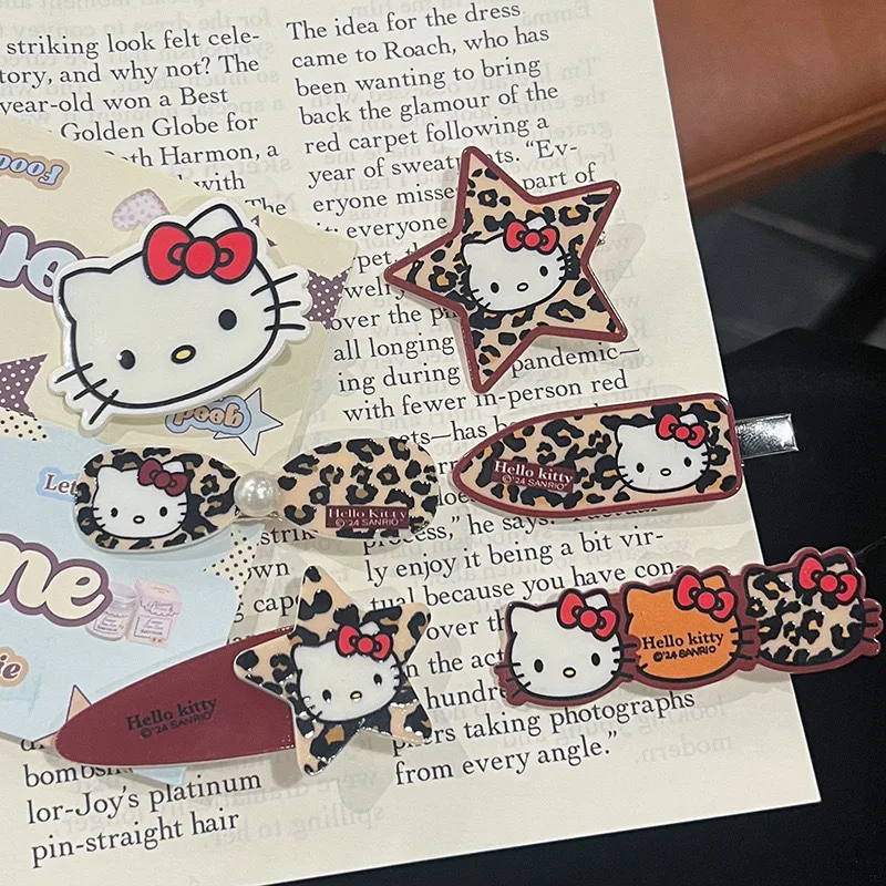 Sanrio hello kitty clipe de bico de pato grampo de cabelo dos desenhos animados kitty gato café leopardo padrão franja lateral grampo de cabelo acessórios de cabelo