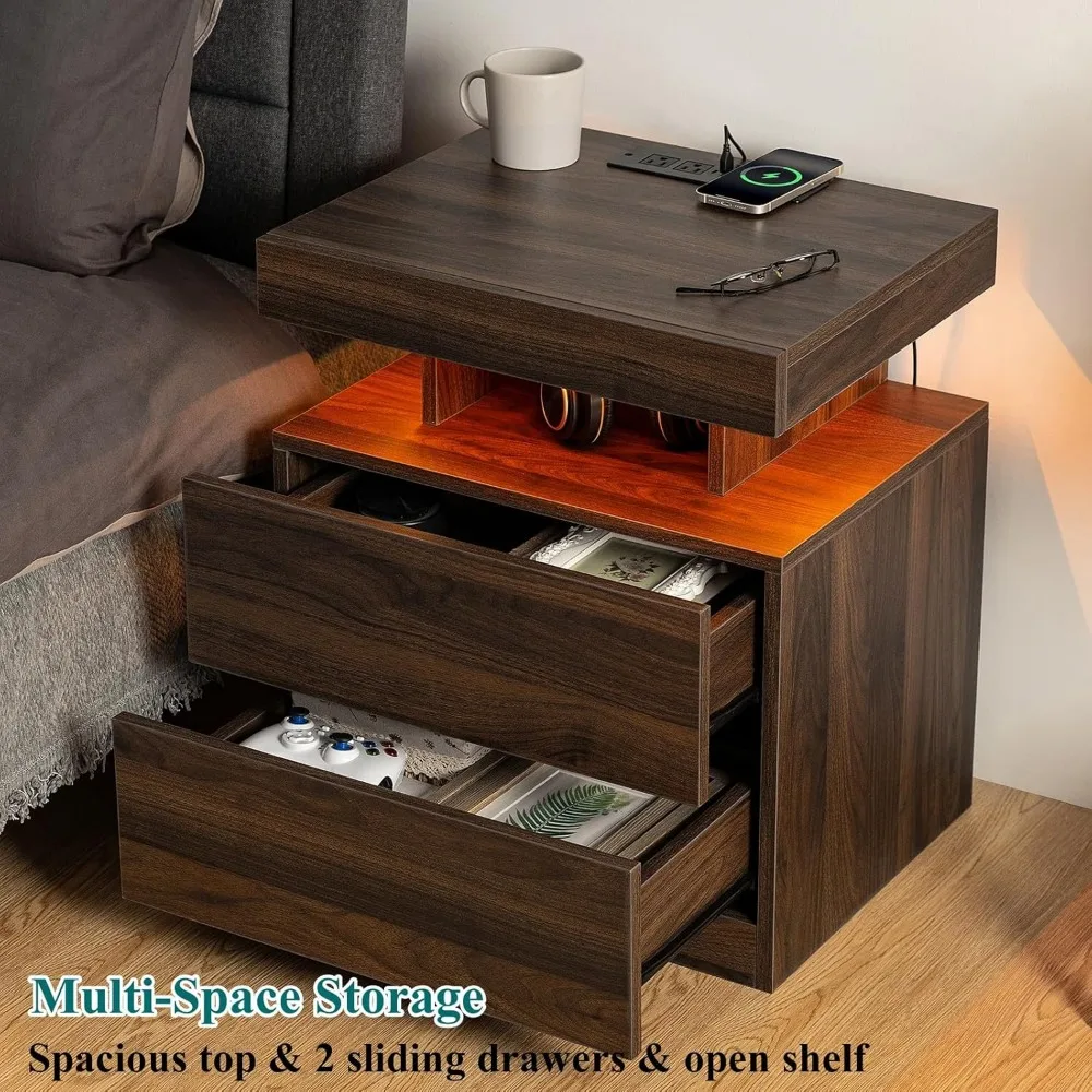 مجموعة HOMMPA مكونة من 2 منضدة ريفية مع محطة شحن لاسلكية وطاولة بجانب السرير LED مع طاولة نهاية ذات درجين مع رف مفتوح Smar