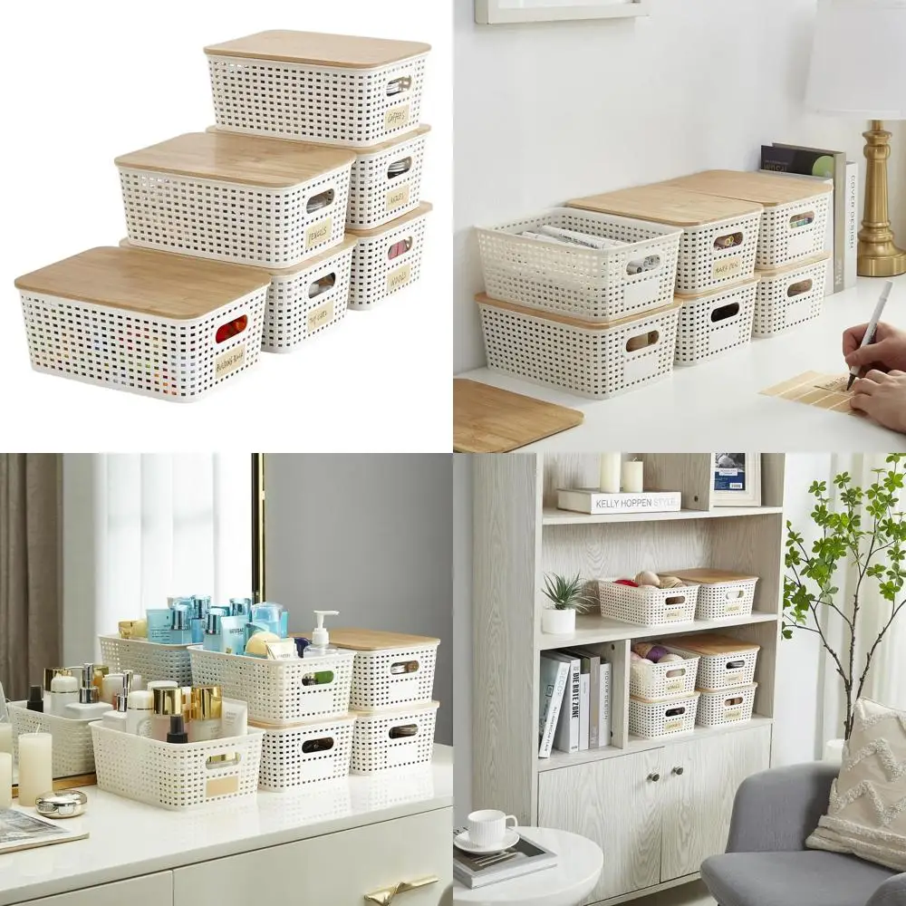 

Stackable Bamboo-Lid Storage Bins, 5.2qt, 6-Pack, Cream White, for Organized Pantry & Office
