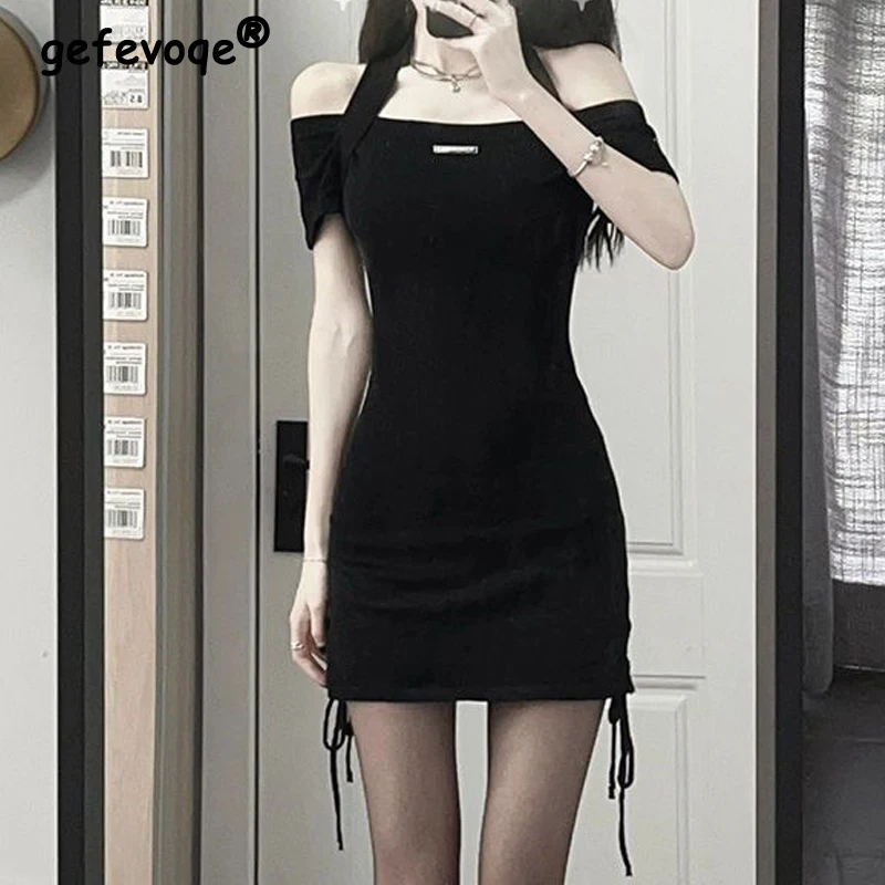 

2023 Women Sexy Halter Off Shoulder Bodycon Black Y2K Nightclub Mini Dress Summer Trendy Short Sleeve Drawstring Casual Dresses