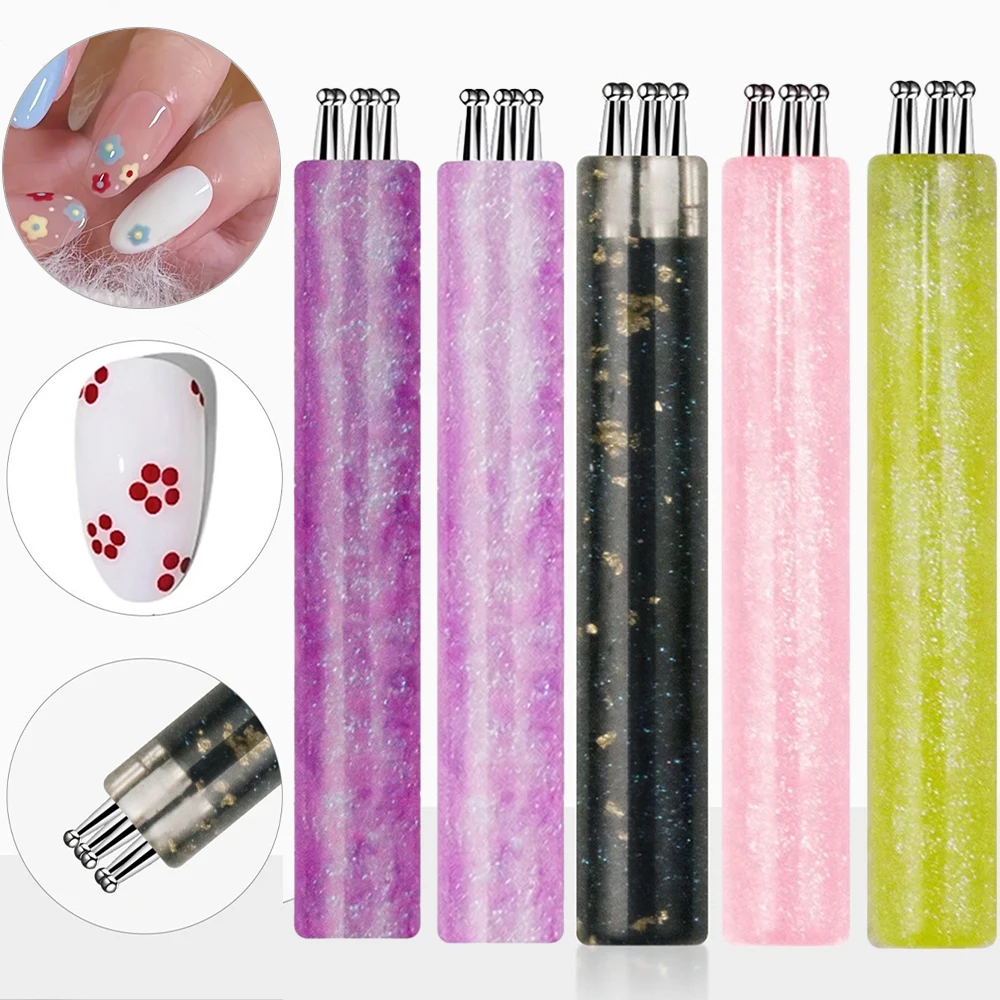 5-Petal Flower Nail Dotting Pen Glitter Handle Nail Art Acrylic Flower Nail Rhinestones Pen Marbleizing Draw Painting Pens Tools