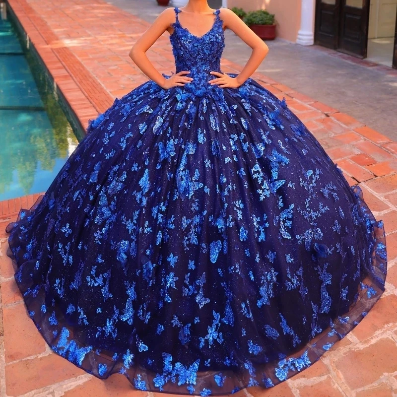 

Navy Blue Shiny Quinceanera Dresses Ball Gown Spaghetti Straps Appliques Bow Beaded Mexican Sweet 16 Dresses 15 Anos