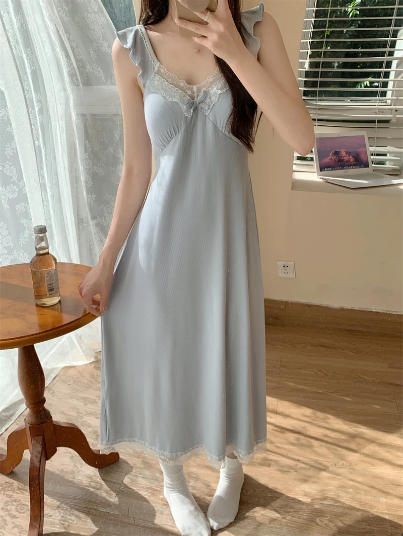 

Summer Sexy Lace Trim Long Sleep Dress Women's Sweet Little Fly Sleeve with Chest Pad V-Neck Home Clothes Sleepwear Dress
