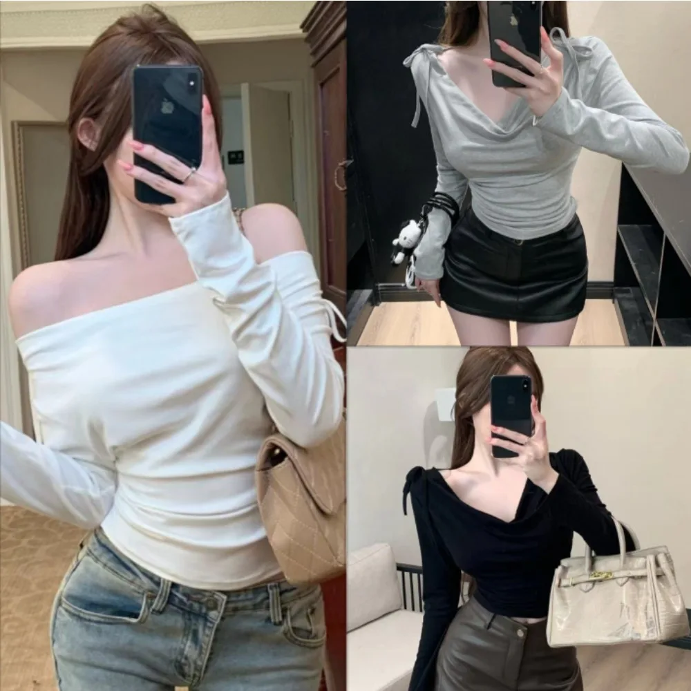 New Swing Collar Bow Tie T-shirt Women Long Sleeve Slim Casual Bottoming Top Multiple Wearing Styles Tops