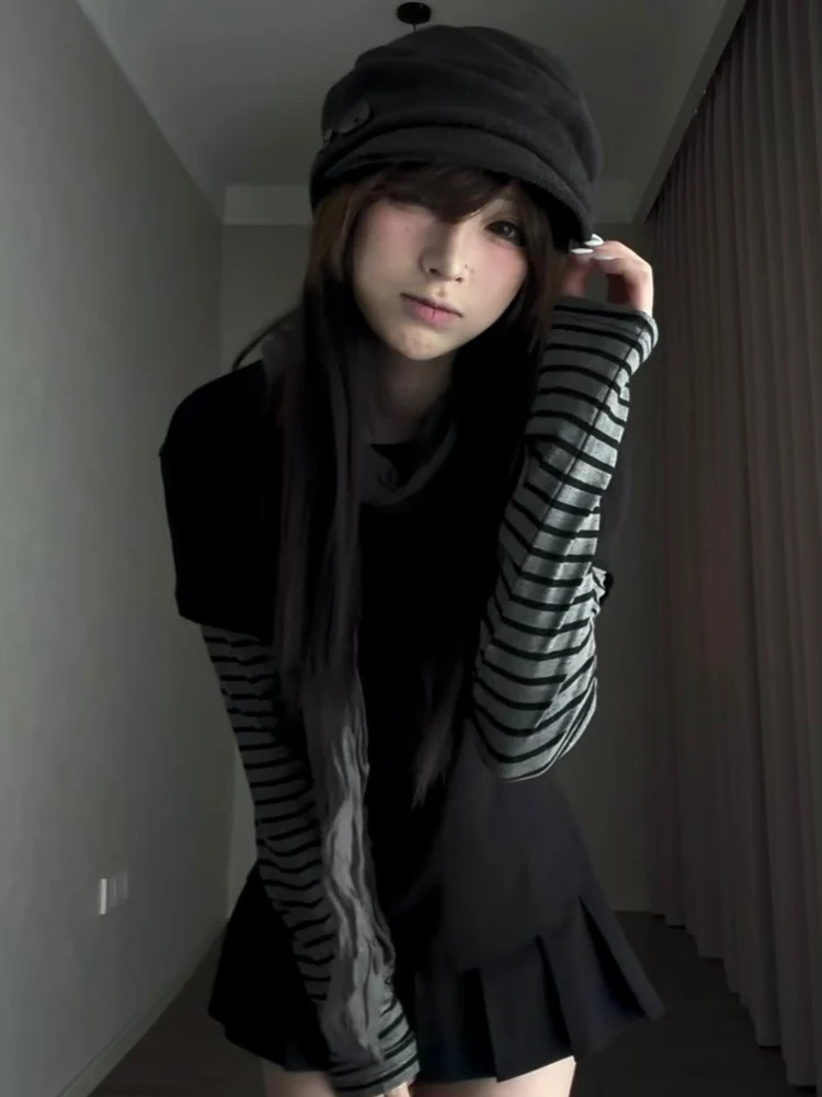 Retro Korean Striped Patchwork Long Sleeve Women's T-shirt Casual Versatile Base Layer Shirt Top Design Sensation Autumn