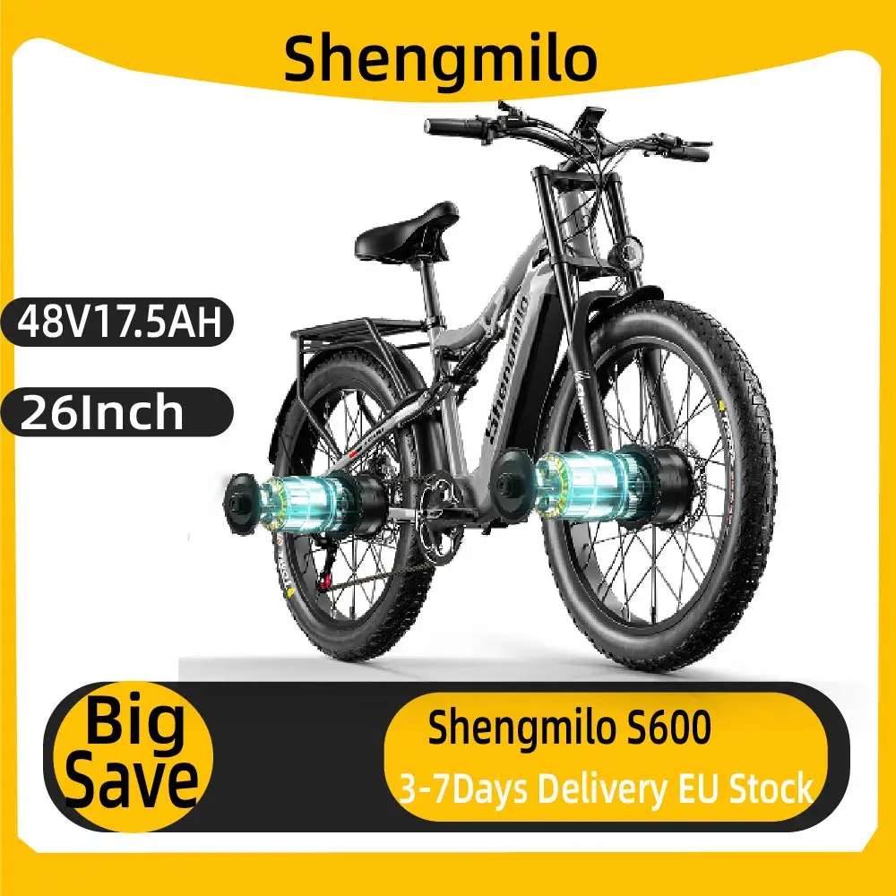 Shengmilo S600 Elektrofahrrad für Erwachsene, Herren E-Mountainbike mit zwei Motoren, 48V840WH Batterie, 26-Zoll-Fat-Tire-E-Bike