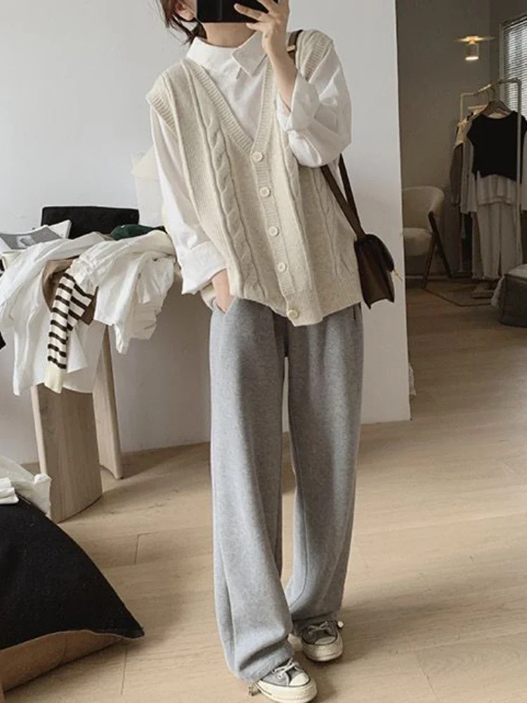 سترات سترة نسائية بسيطة نقية تصميم فضفاض كل مباراة نمط Preppy الخامس الرقبة عادية اليومية الطلاب الخريف Ulzzang تريكو