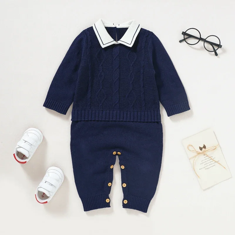 Newborn Baby Romper 100%Cotton Knit Infant Boy Jumpsuit Outfit Solid Toddler Clothing Fashion Turn-down Collar One Piece Overall