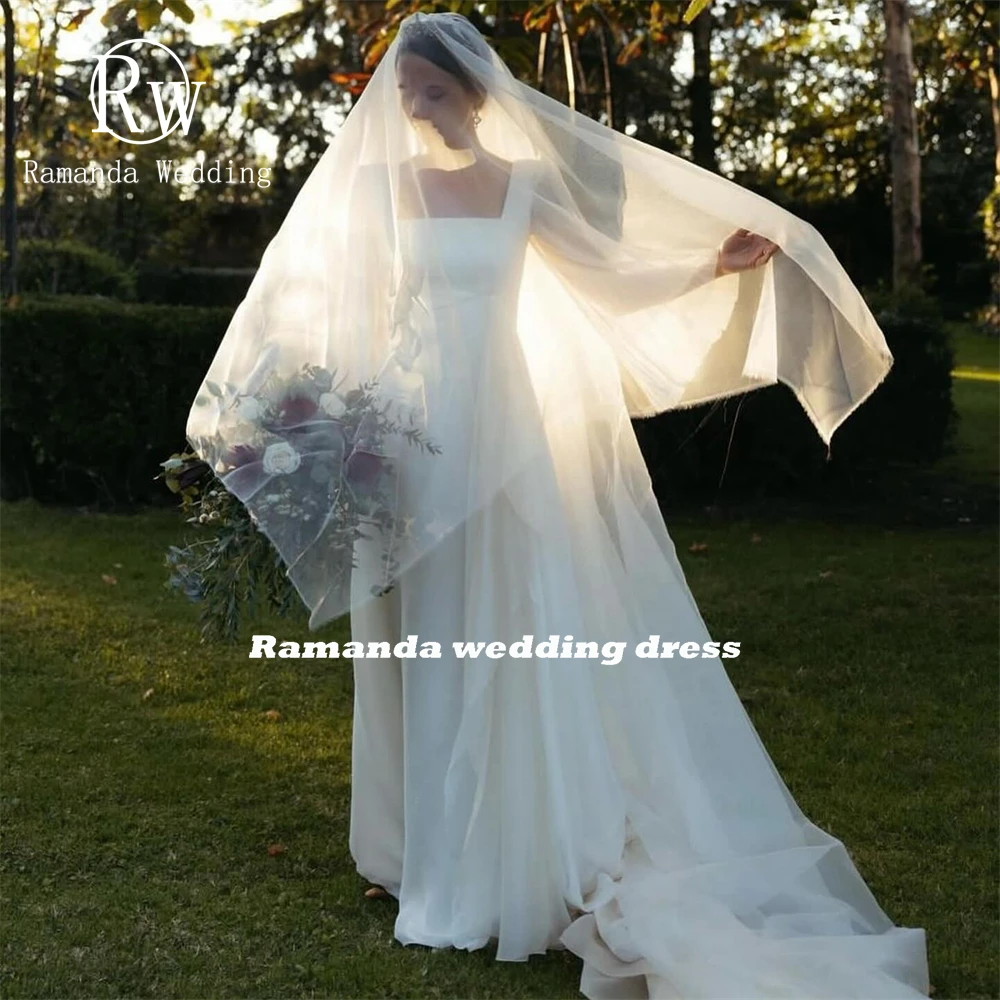 

Ramanda Elegant Long Tulle Puff Sleeves Square Collar Wedding Dress Simple Backless A-Line Bridal Gown Robe De Mariee