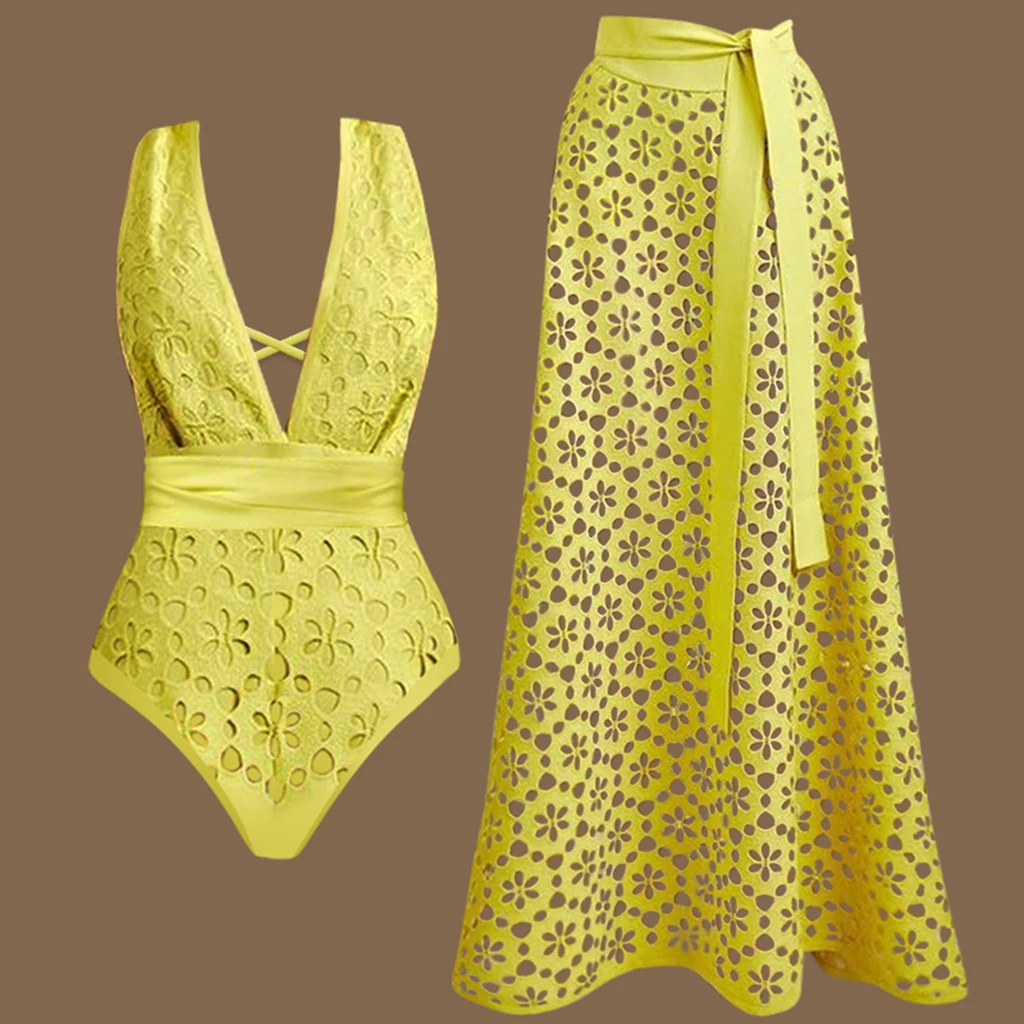 Sexy Yellow Bikini Women Solid Cover Up Two Piece Swimsuit 2025 Deep V Neck Bathing Suit Hollow Out Monokini Long Skirt Swimwear