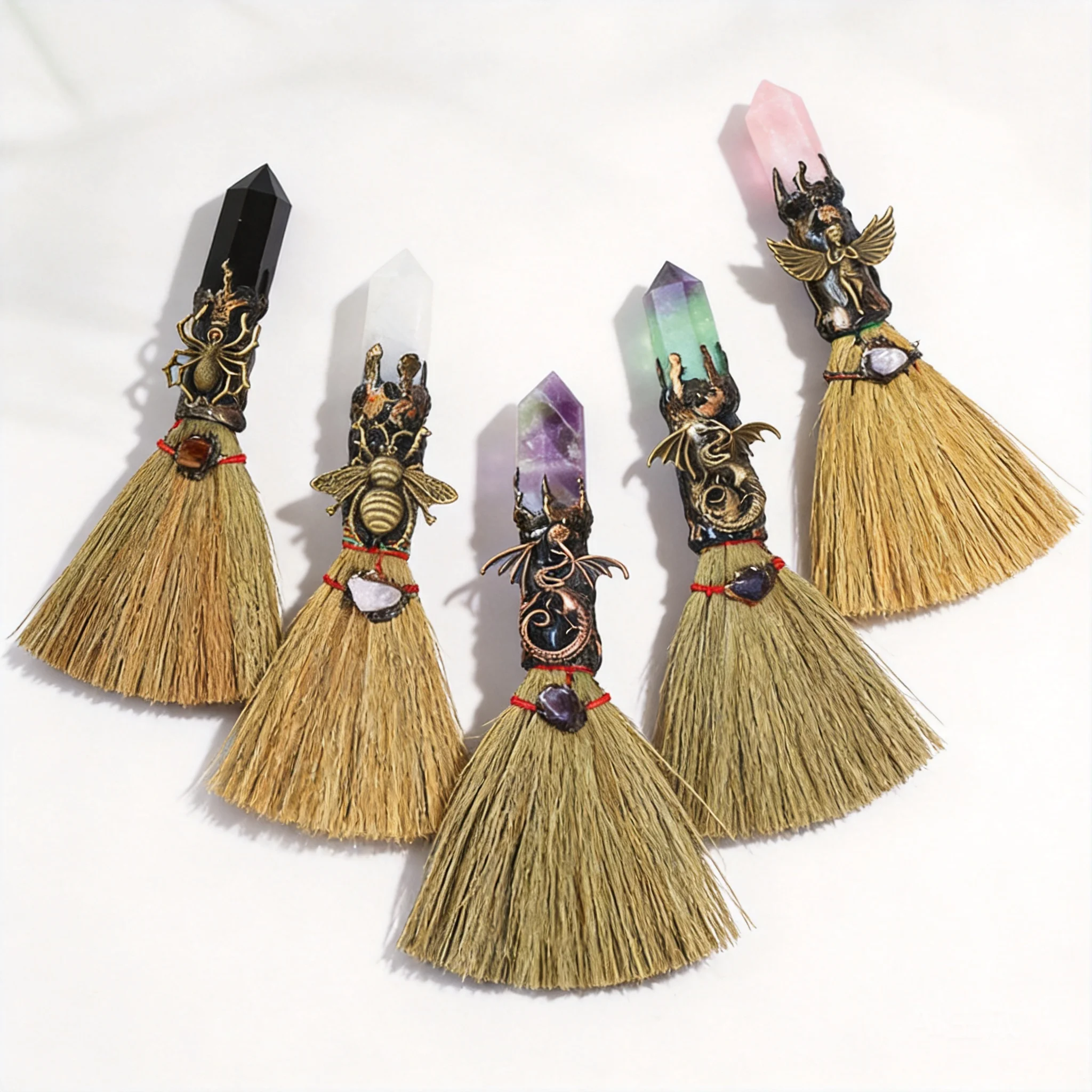 Wiccan Mini Witch Broom 2026 For Altar Decor Spiritual Divination Prop Natural Crystal Hexagonal Point Tumbled Stone Handmade