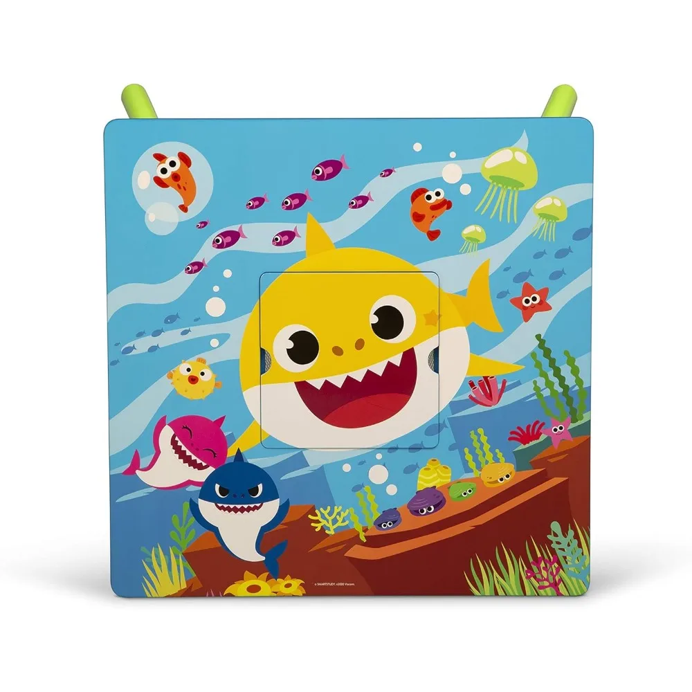 Conjunto de mesa e cadeira infantil Baby Shark com armazenamento (2 cadeiras incluídas) Além de design e loja Organizador de armazenamento de brinquedos com 6 compartimentos