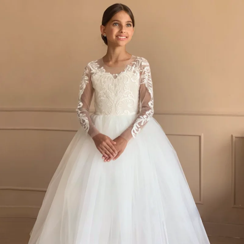 

Flower Girl Dresses White Tulle Flory Appliques With Bow Long Sleeve For Wedding Birthday Party Banquet Holy Communion Gown