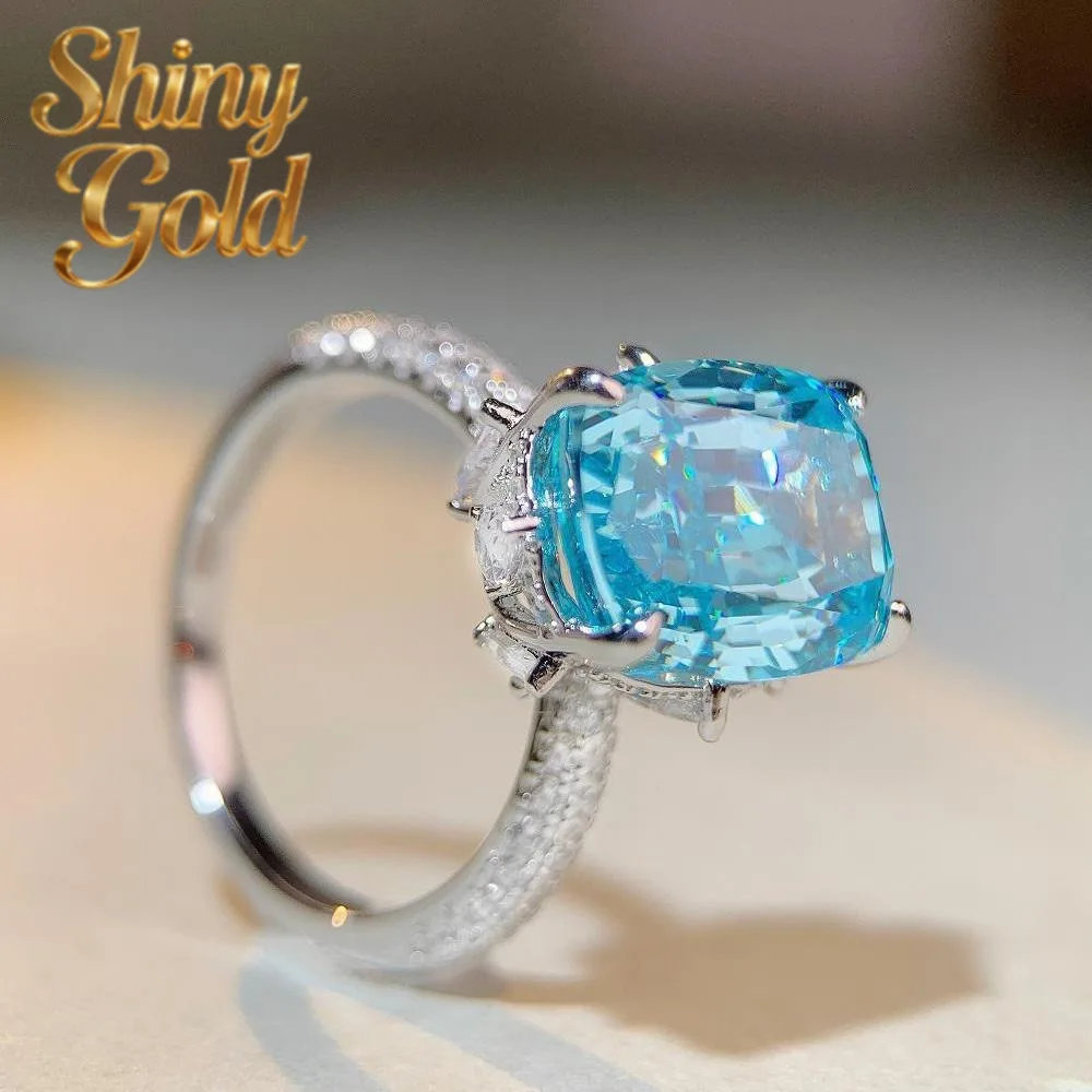 ShinyGold  Luxury white gold solid platinum PT950 Aquamarine Moissanite Ring Women's 10 karat Ring