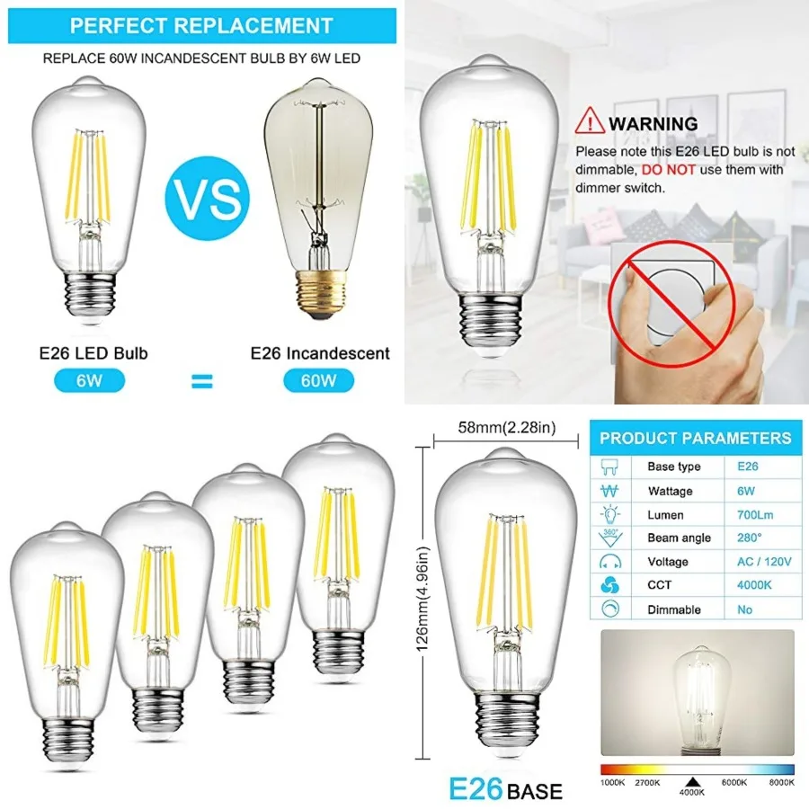 

LED Edison Bulbs 6W, Equivalent 60W, High Brightness, 700 Lumens, ST58 Vintage LED Filament Bulbs with 80+ CRI, E26 Base, Non-D
