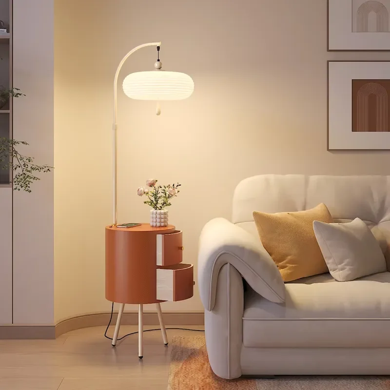 New Chinese Style Floor Lamp with Side Table and Drawer Creative Oriental LED Standing Light for Living Room Bedroom Home