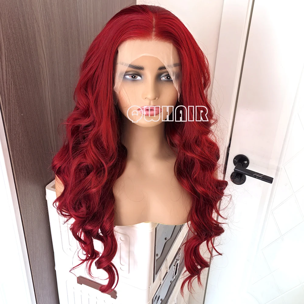 QW Synthetic Hair Red Loose  Wave  Soft  Lace Front Wig For Women Glueless Heat Resistant Fiber Cosplay  Daily Wigs