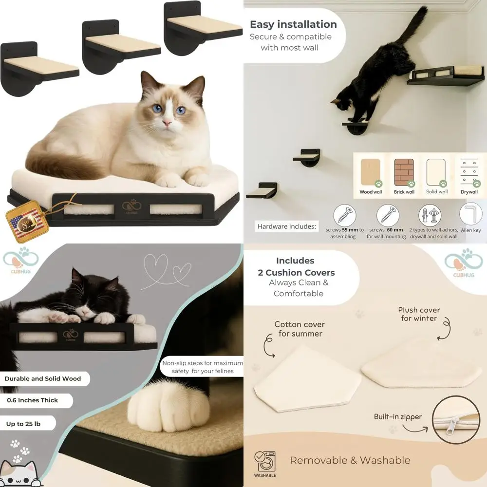 

Большая угловая лежанка для кошек из массива дерева с подушкой и съемными чехлами, 3-ступенчатые настенные полки для домашних кошек, черная