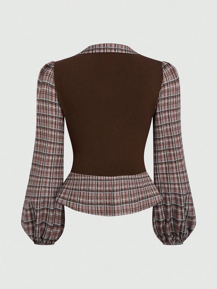 Übergrößen-Hemd mit Karomuster und Patchwork-Design – Retro, stilvoll und elegant – Herbst 2026 Neuankunft – Abendgarderobe – Detail 4