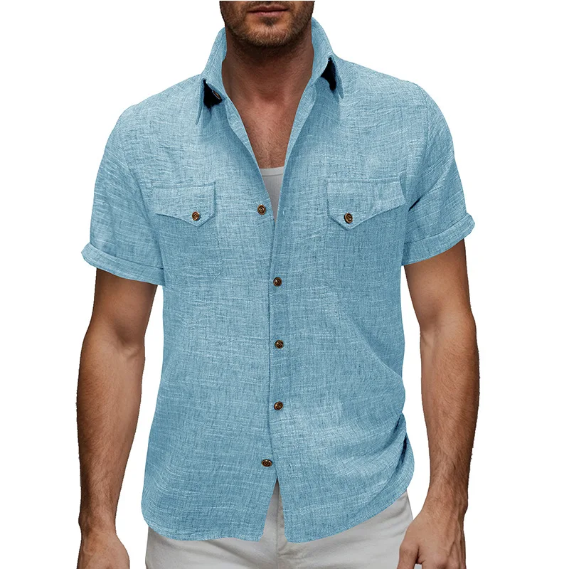 Linen Double Pocket Short Sleeve Shirt Men's Breathable Vacation Casual Top