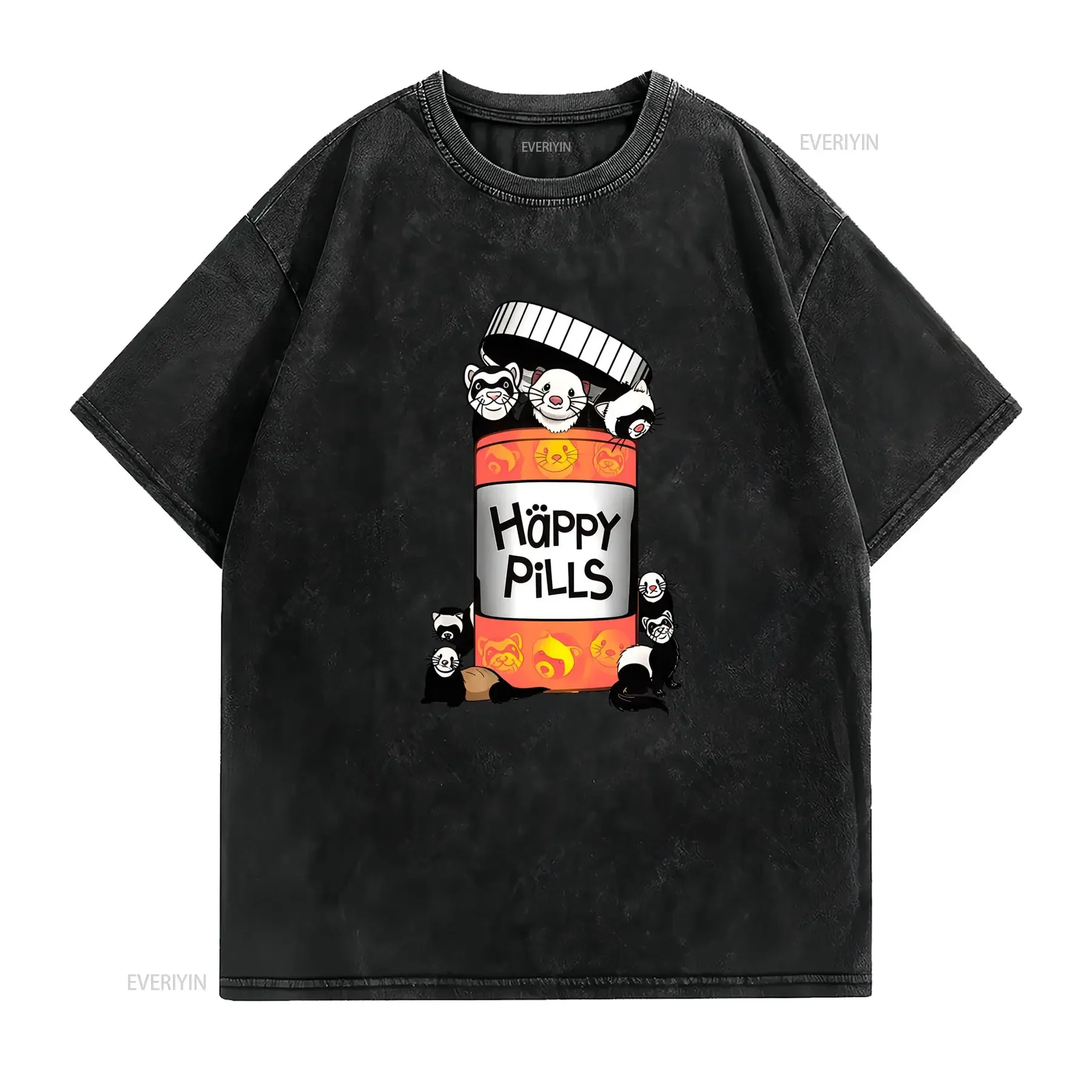 Funny Cartoon Happy Pills Ferret Print Casual T Shirt vintage Washed designer clothes Versatile Stylish homme Soft Unisex