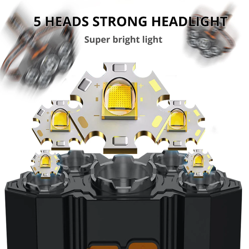 Usb 충전식 5 Led 헤드라이트, 슈퍼 브라이트 헤드 장착 강력한 손전등, 내장 배터리, 야외 충전식 야간 낚시