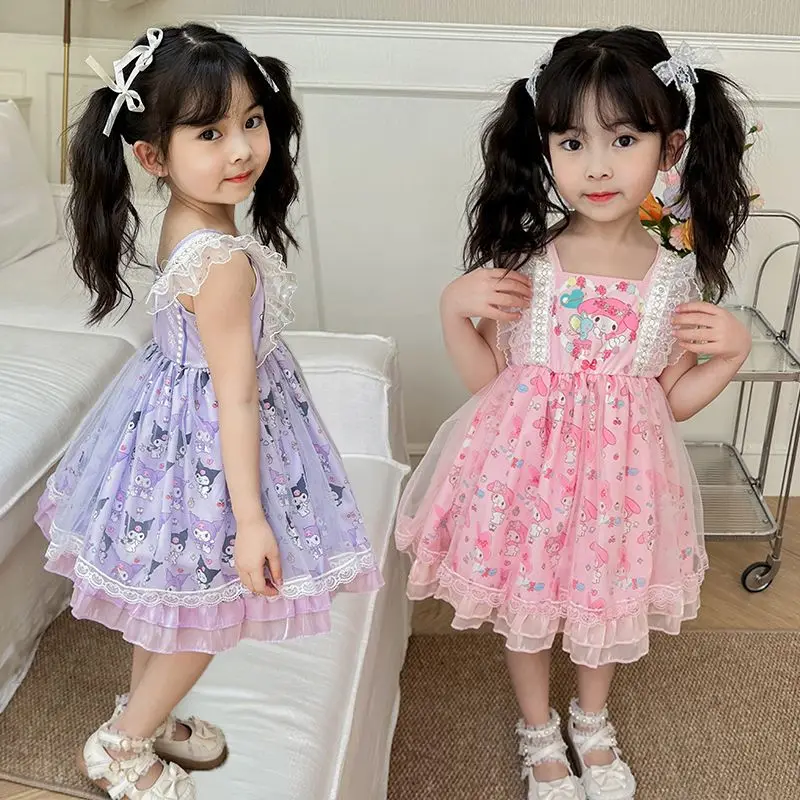 Fashion Summer Sanrio Baby Girls Dress 2024 New Kids Kuromi MyMelody Lace Short Sleeved Princess Dresses Children Party Costumes