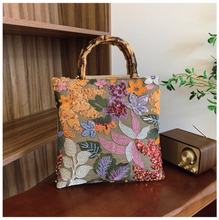 Retro Style Bamboo-Shaped Women's Handbag with Premium Color Sequins Intricate Embroidery Heavy Use Handbag New Accessory