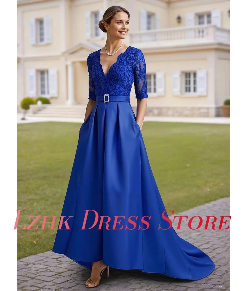 تخصيص رشيقة الساتان ألف خط يزين كريستال الزنانير مساء اللباس جودة عالية نصف الأكمام الطابق طول فساتين لحضور الحفلات الموسيقية