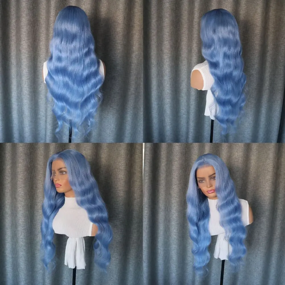 Wig asli Brasil ketebalan tinggi wig renda transparan depan Halus biru bergelombang wig tanpa lem garis rambut sebelum dipetik 13x4 HD