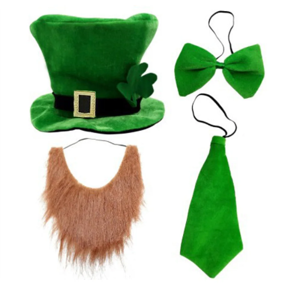 Dzień Świętego Patryka Zielony Kapelusz Krawat Broda Cosplay Irlandzki Festiwal Koniczyna Cylinder Garnitur Karnawał Halloween Party Kostium Rekwizyty